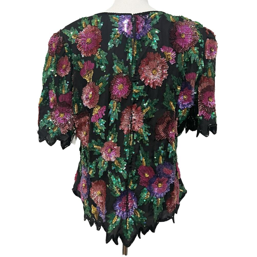 Laurence Kazar Vintage Women’s Silk Floral Sequin Beaded Top Short Sleeve Sz 1X - Picture 2 of 10